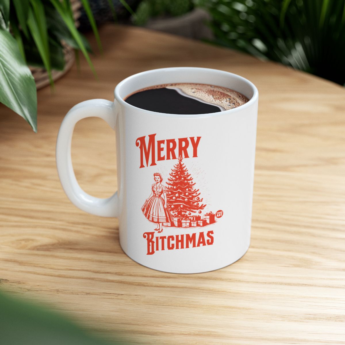 Merry Bitchmas Holiday Mug with Tree and Retro Design