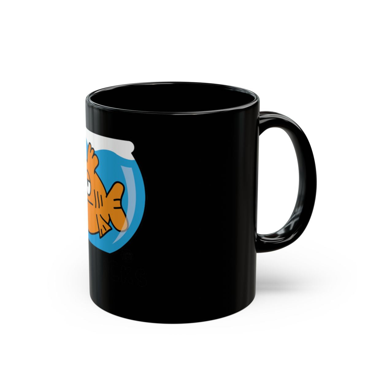 Funny Cartoon Fish in Bowl Design on Black Mug
