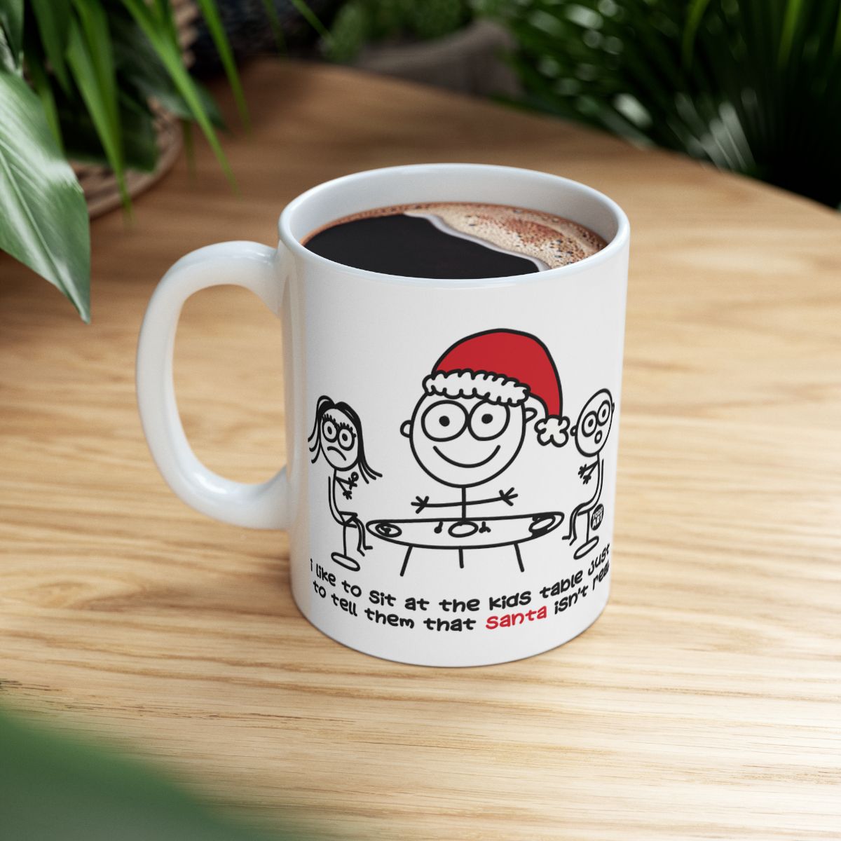 Funny Santa Themed Mug with Humorous Kids Table Design