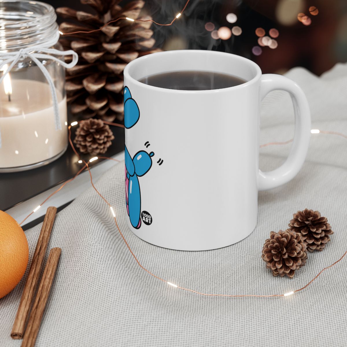 Festive coffee mug with cartoon blue teddy bear design