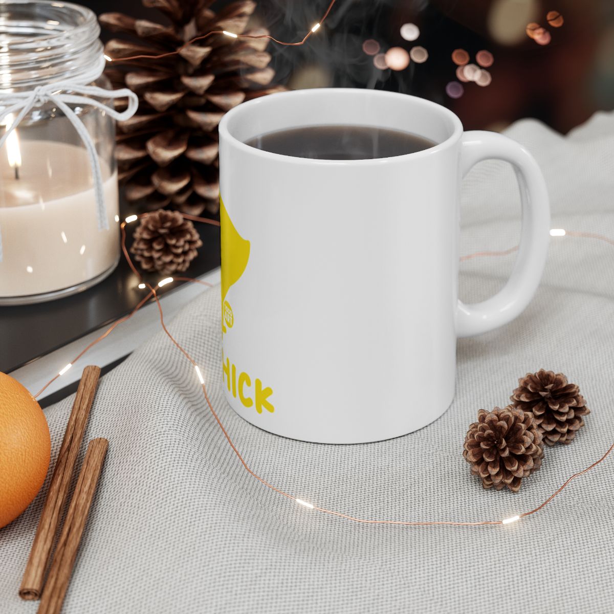 Festive White Mug with Orange Drink Graphic Design