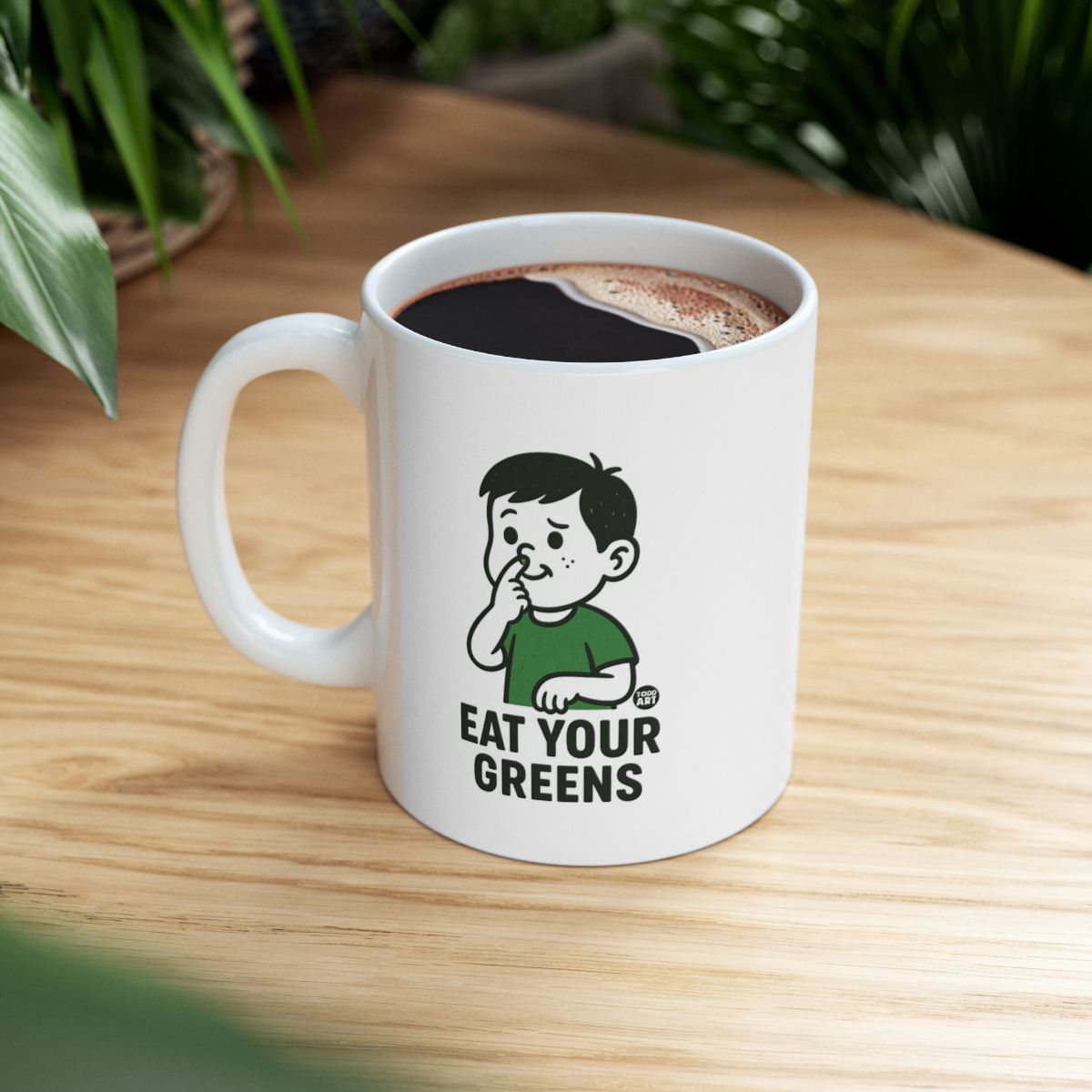 Cute Eat Your Greens White Mug With Adorable Character