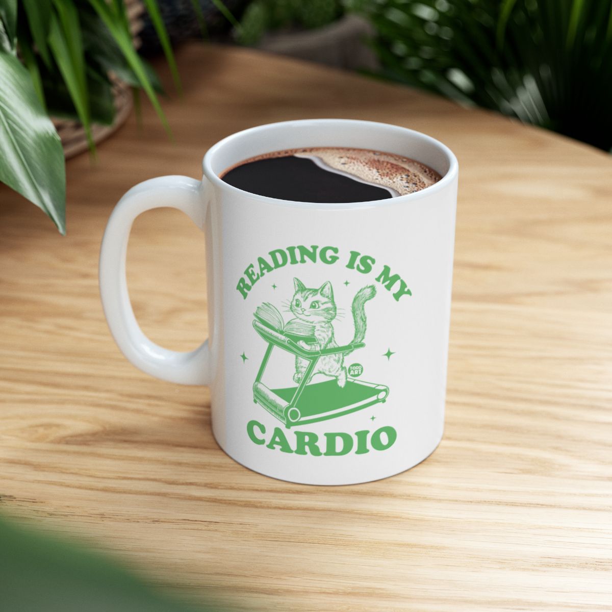 Reading Is My Cardio Mug with Cat and Treadmill Design