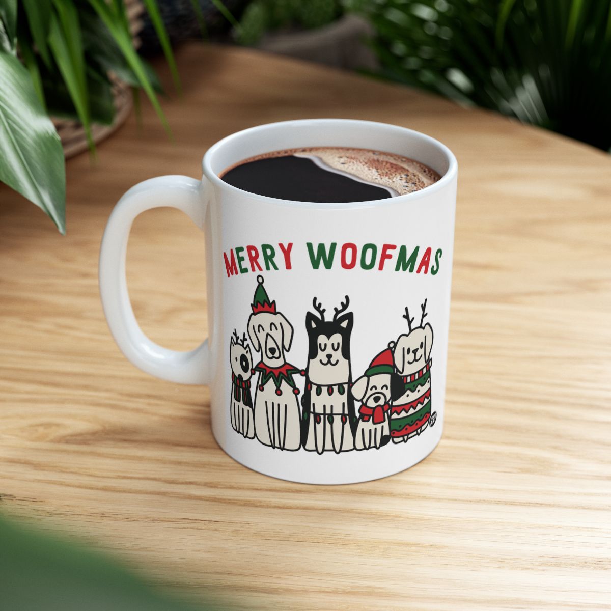 Merry Woofmas Christmas Mug with Cute Dogs Design