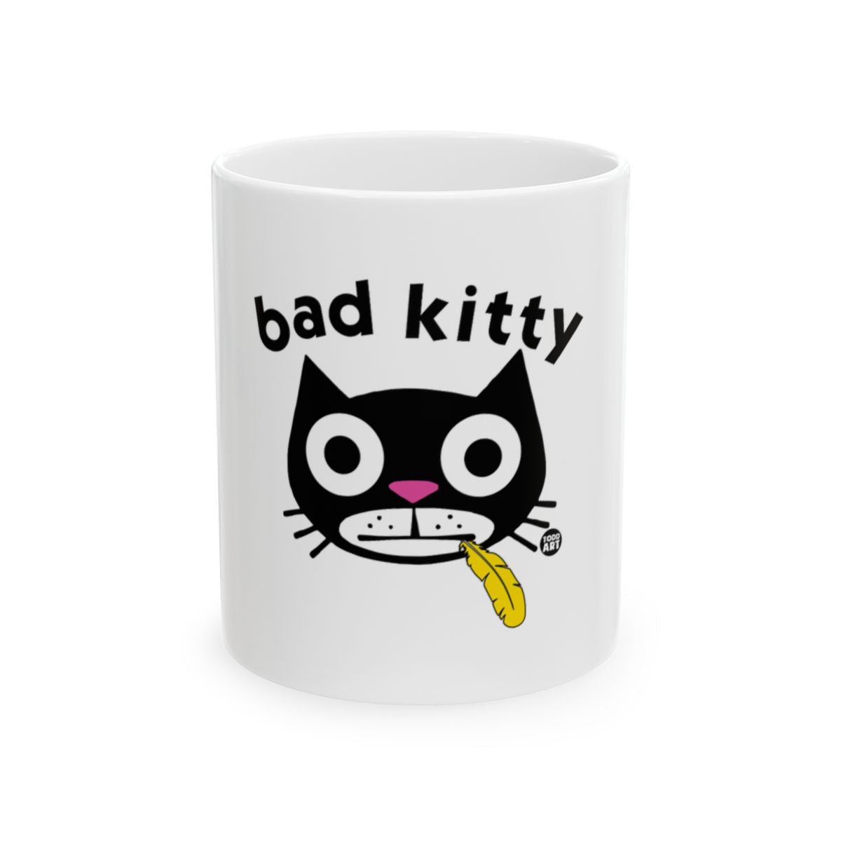 Bad Kitty Mug with Cartoon Cat and Fish Bone Drawing