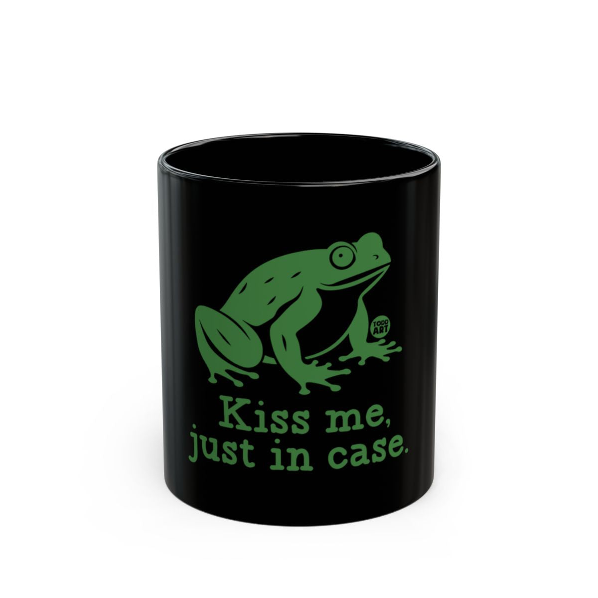 Kiss Me Just In Case Frog Design Black Mug