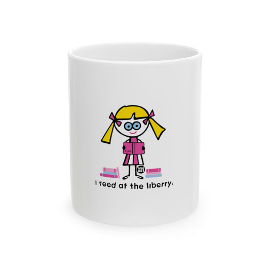 I reed at the liberry cartoon reading mug product