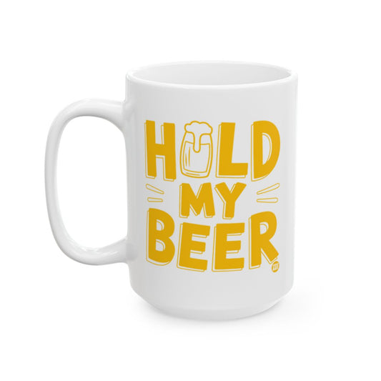 Hold My Beer Mug with Bold Yellow Text Design