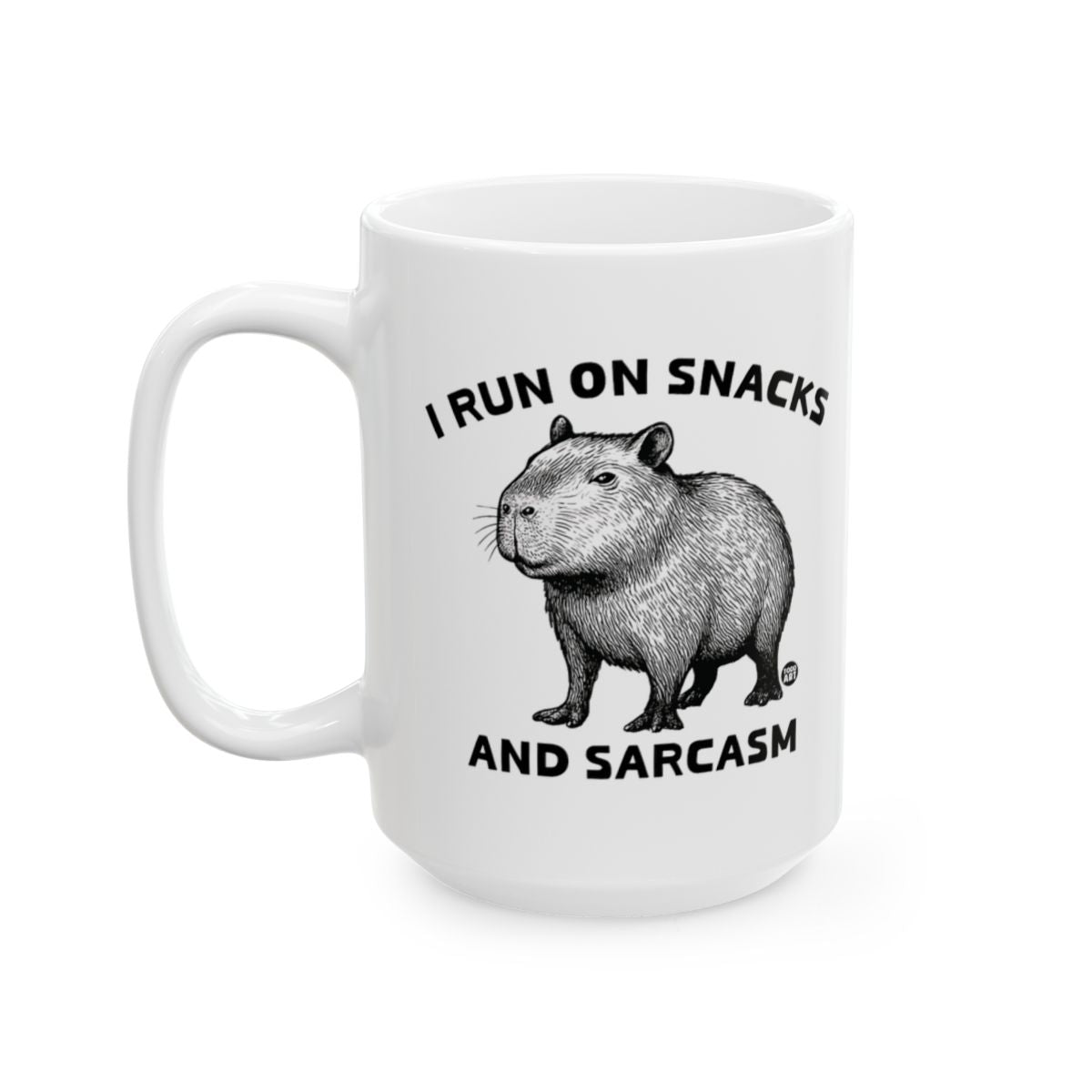 I Run on Snacks and Sarcasm Mug with Funny Capybara Design