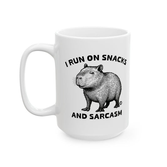 I Run on Snacks and Sarcasm Mug with Funny Capybara Design