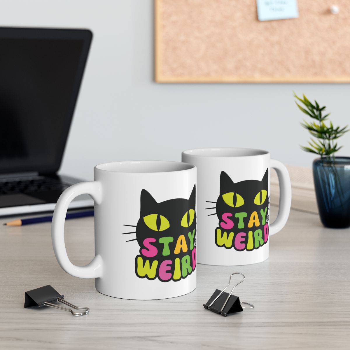 Stay Weird Cat Mug with Colorful Text Graphics mugs
