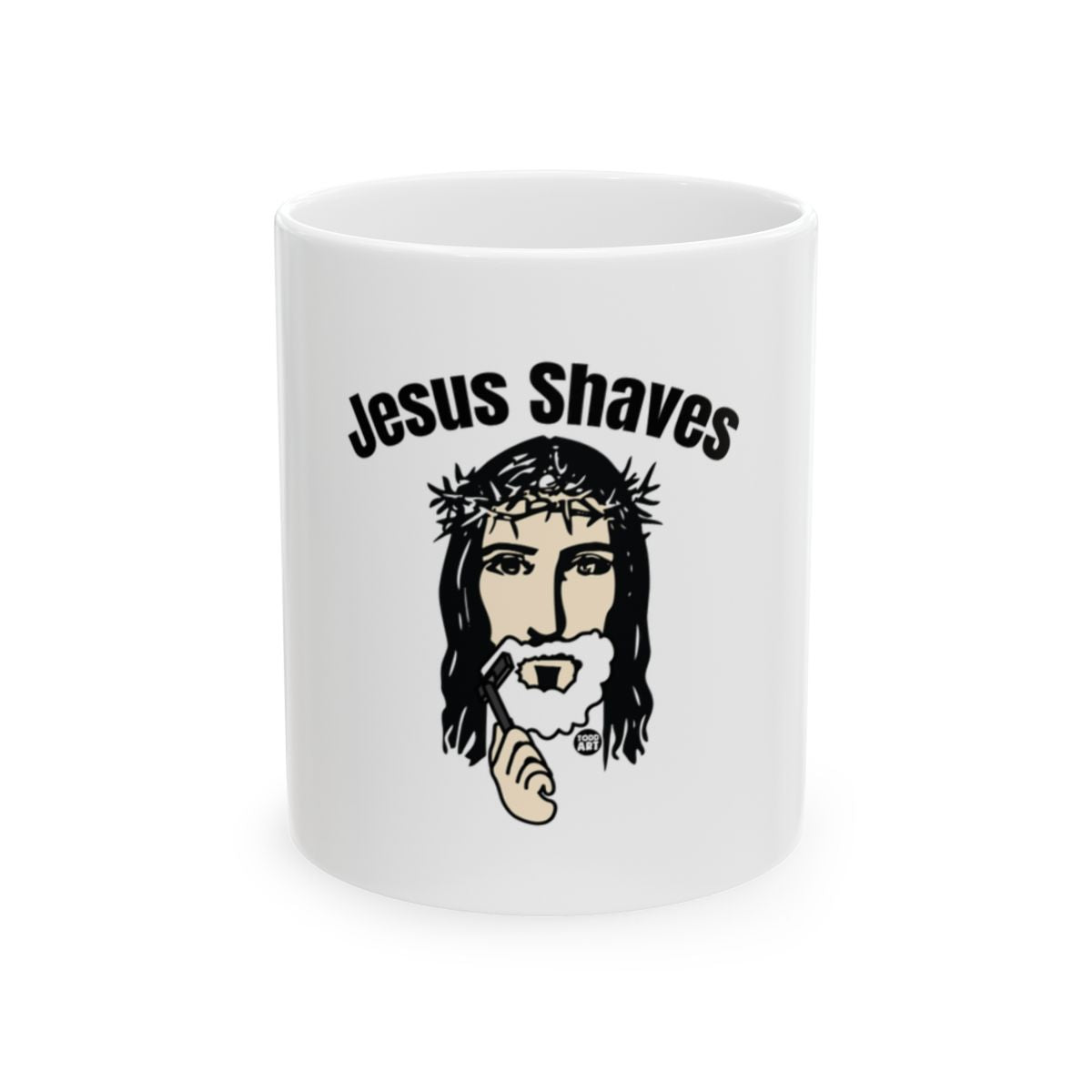 Jesus Shaves illustrated themed white ceramic mug