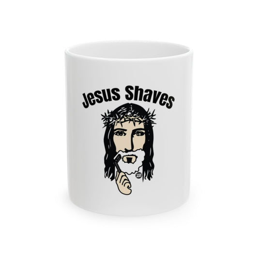 Jesus Shaves illustrated themed white ceramic mug