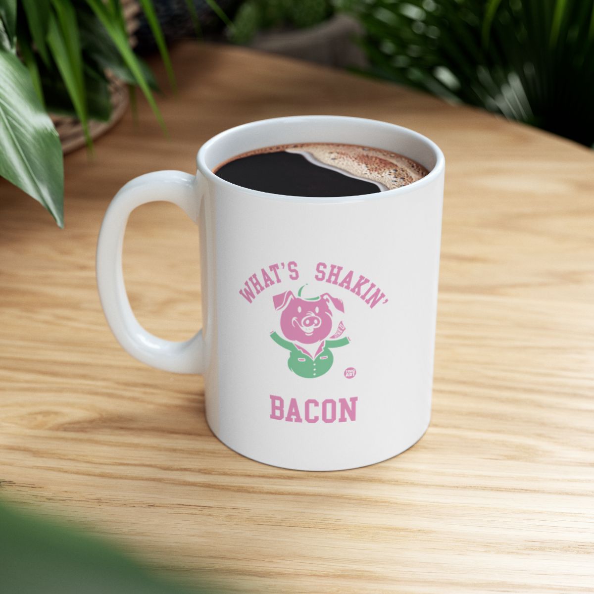 What's Shakin' Bacon Mug with Cute Pig Illustration