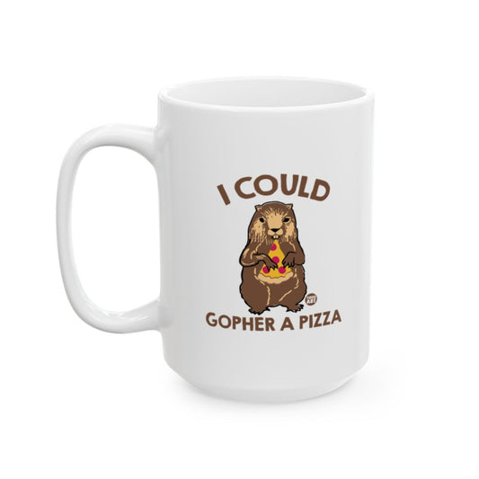 White ceramic mug featuring a gopher holding pizza with the words “I Could Gopher a Pizza,” designed by Todd Art