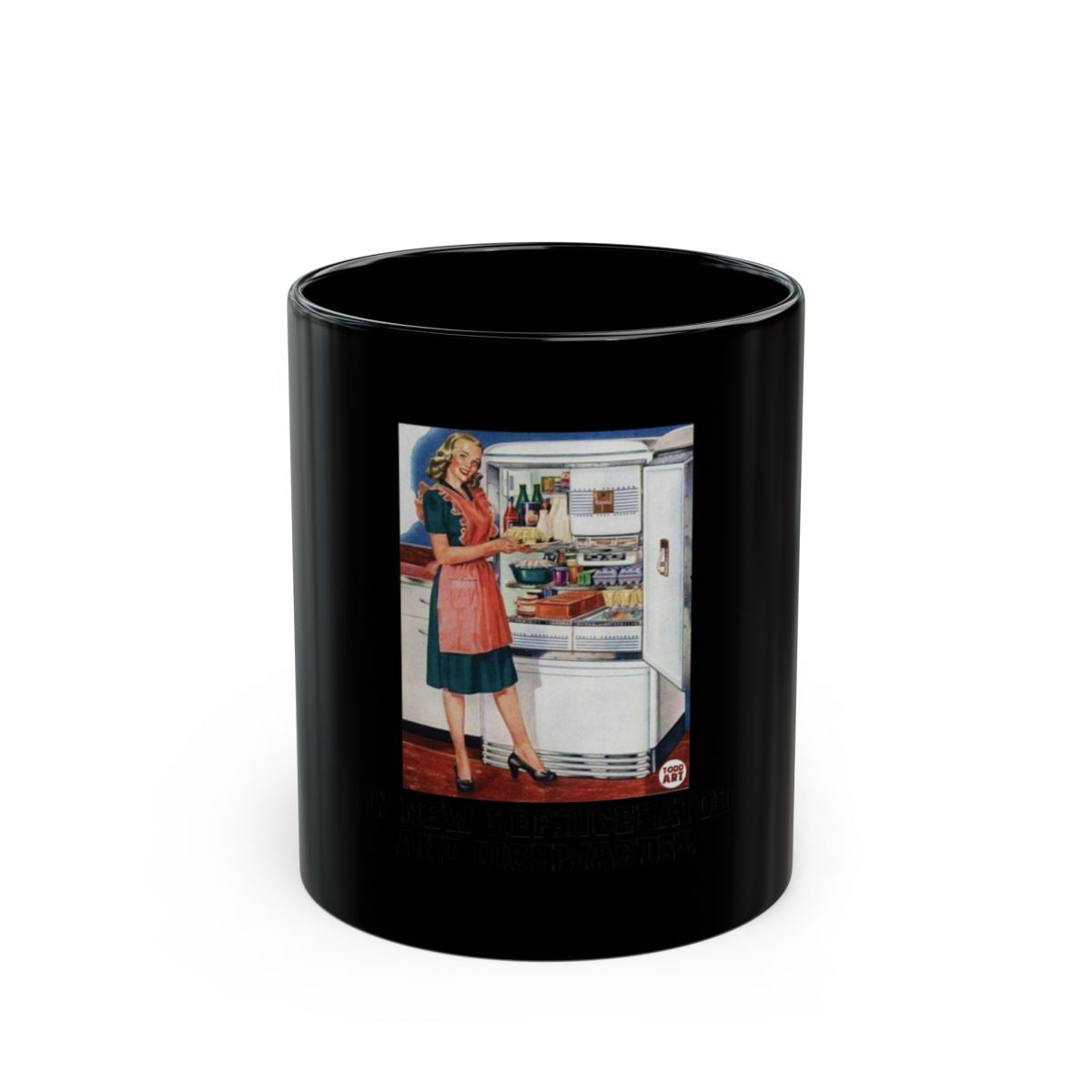 Vintage Housewife with Open Fridge Illustration Mug