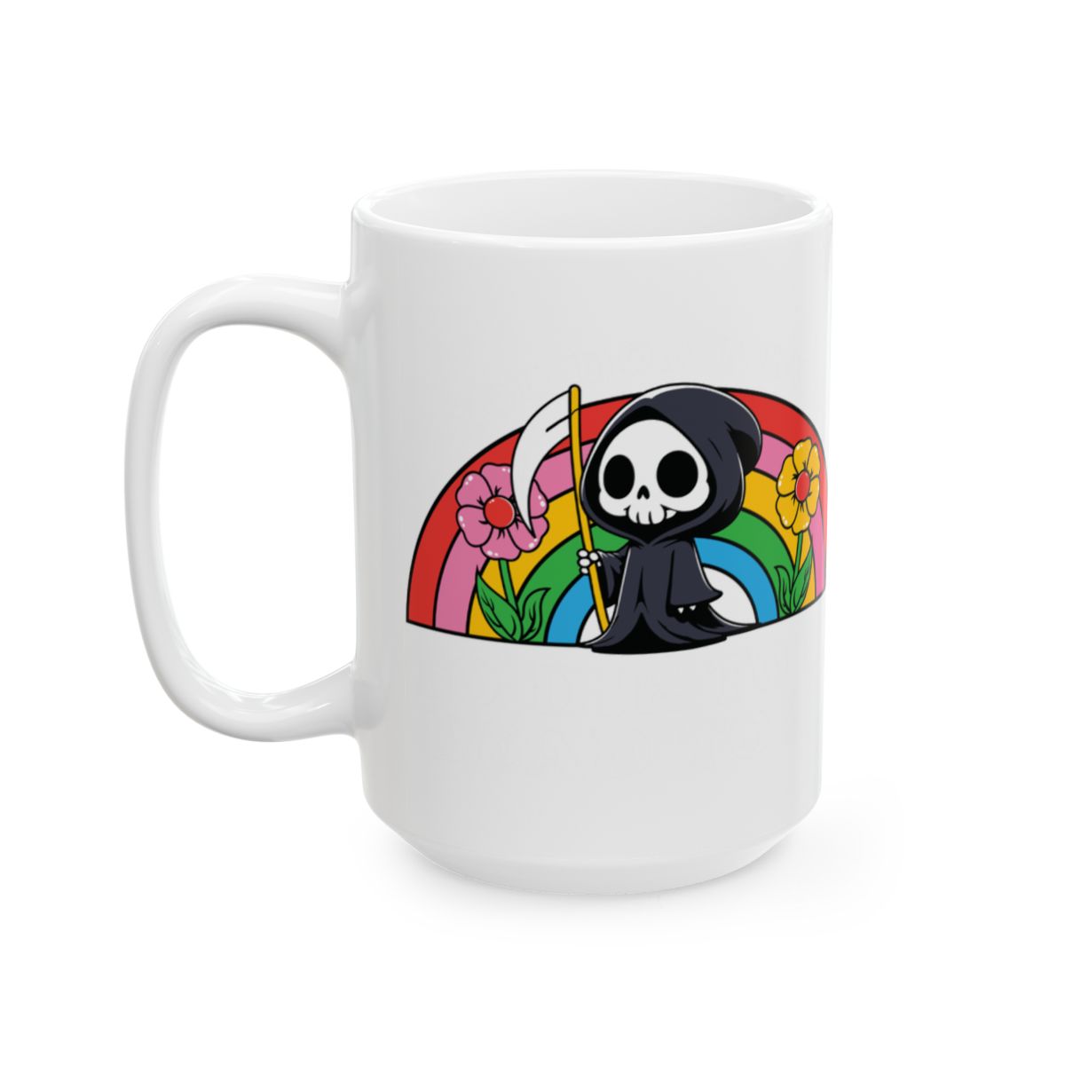 Cute Grim Reaper with Rainbow and Flowers Design Mug