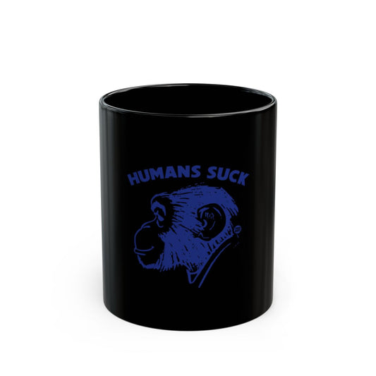 'Humans Suck' Black Coffee Mug with Blue Graphic