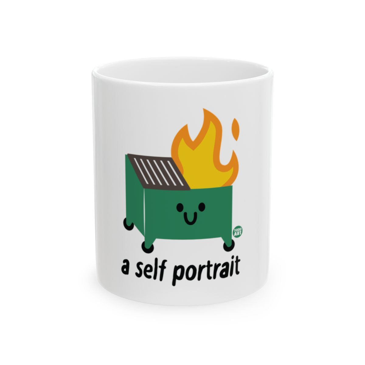 A Self Portrait Dumpster Fire Mug with Happy Face