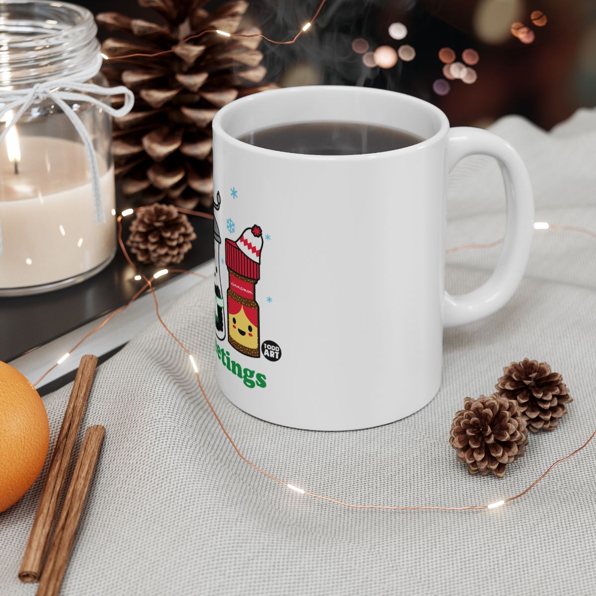 Festive Holiday Mug with Cute Characters and Joyful Design