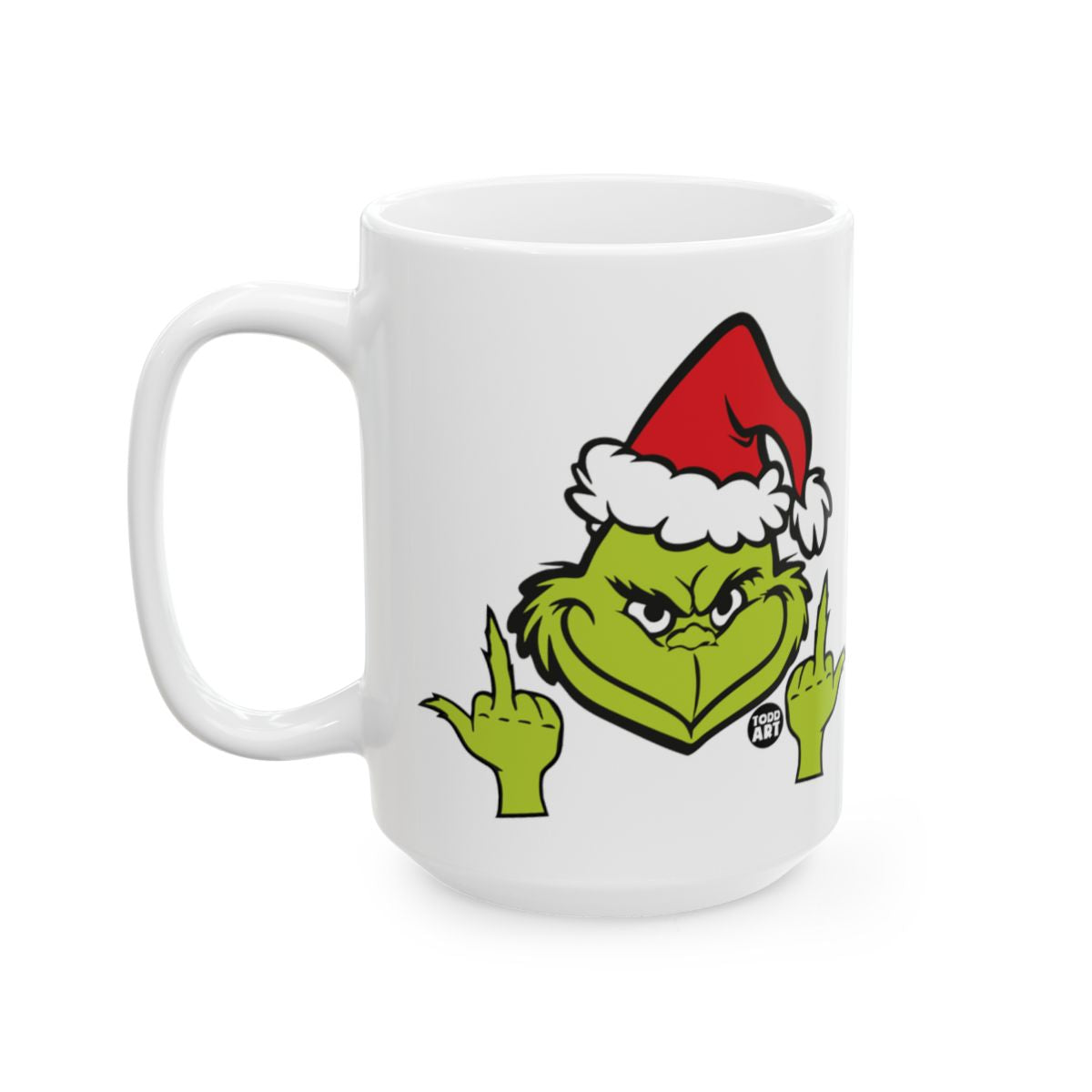 Grinch with Santa Hat and Finger Gesture Mug