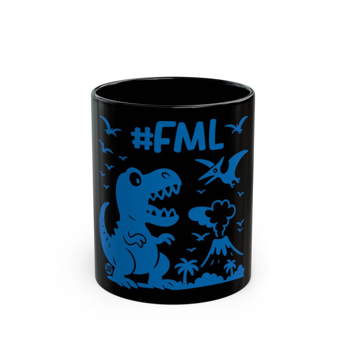 Funny Dinosaur with #FML Design Black Coffee Mug