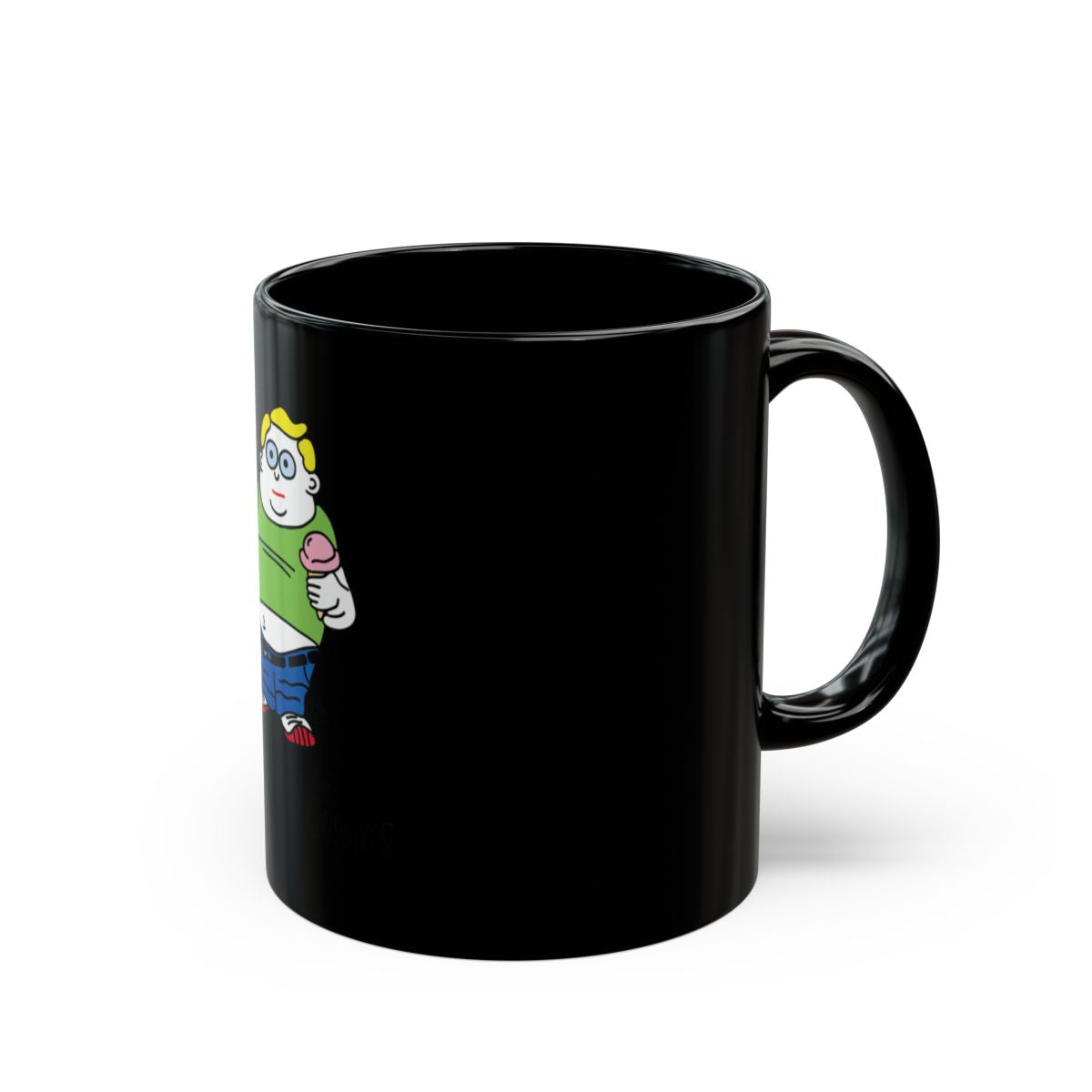 Black Mug with Cartoon Boy Holding Ice Cream Design