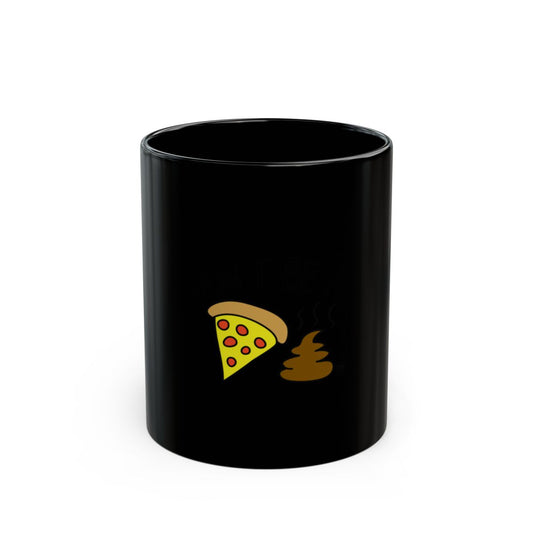 Humorous Black Mug with Pizza and Poop Emoji Design