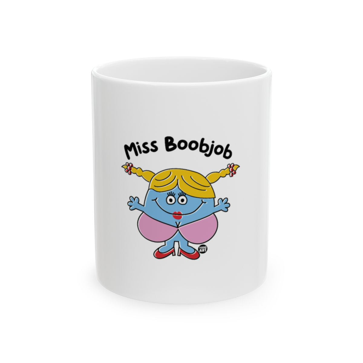 Miss Boobjob character with pigtails cartoon mug