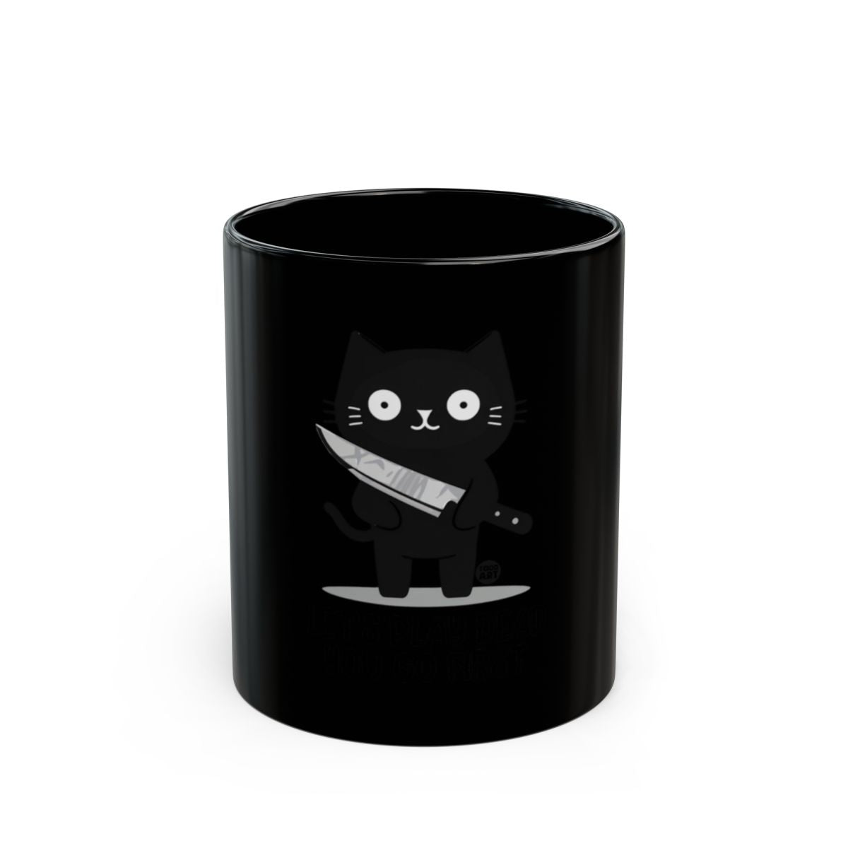 Black Mug with Cute Cat and Knife Illustration