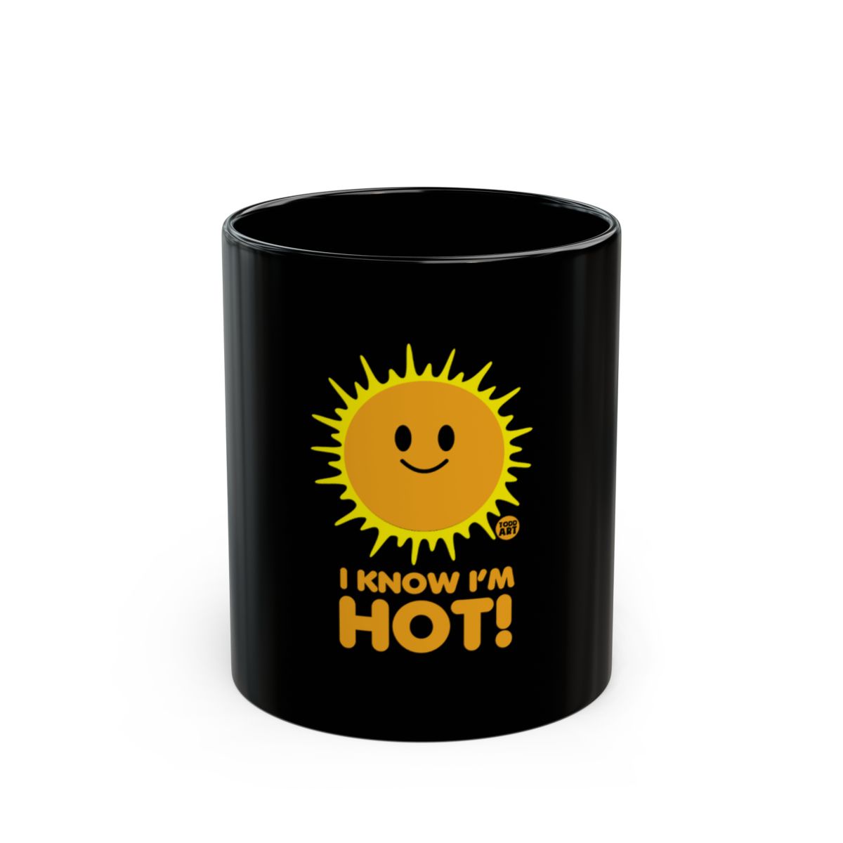 Black Mug with Sun Design and Fun Hot Slogan