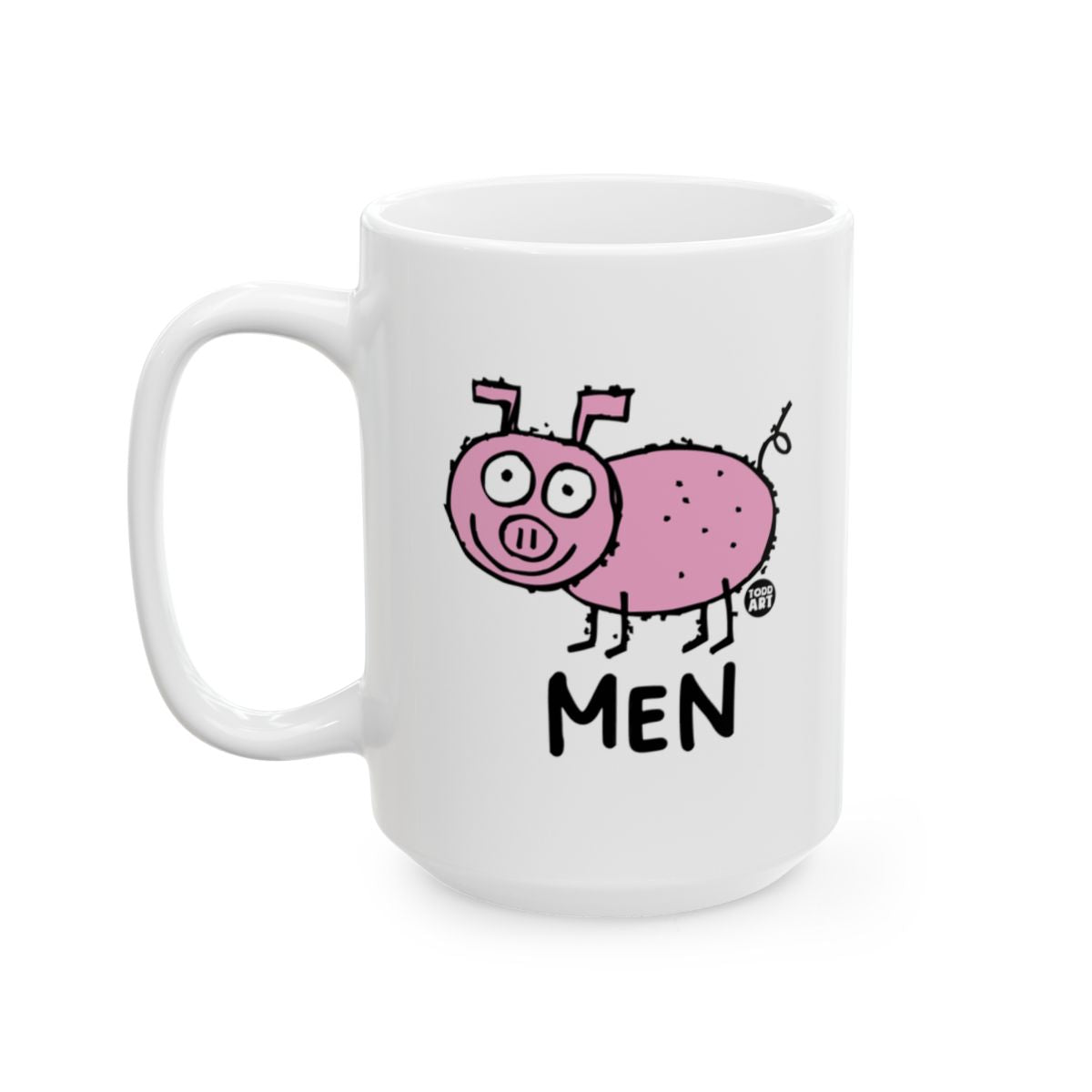 White ceramic mug with a pink pig illustration and the word “Men,” designed by Todd Art