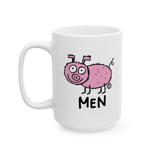White ceramic mug with a pink pig illustration and the word “Men,” designed by Todd Art