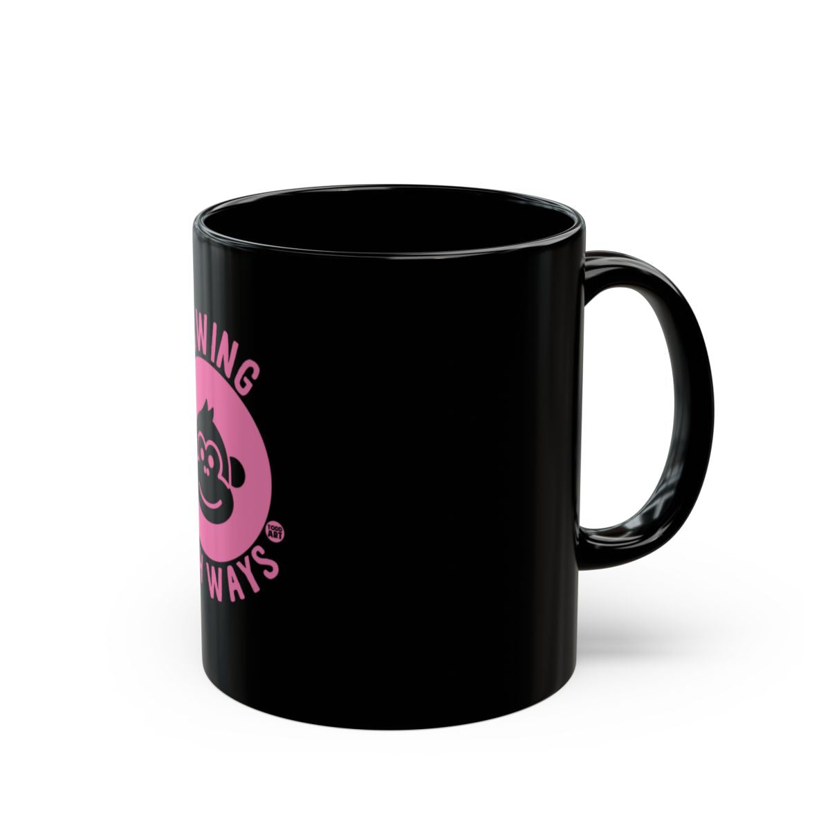 Fun Black Mug with Pink Smiling Monkey Graphic Design