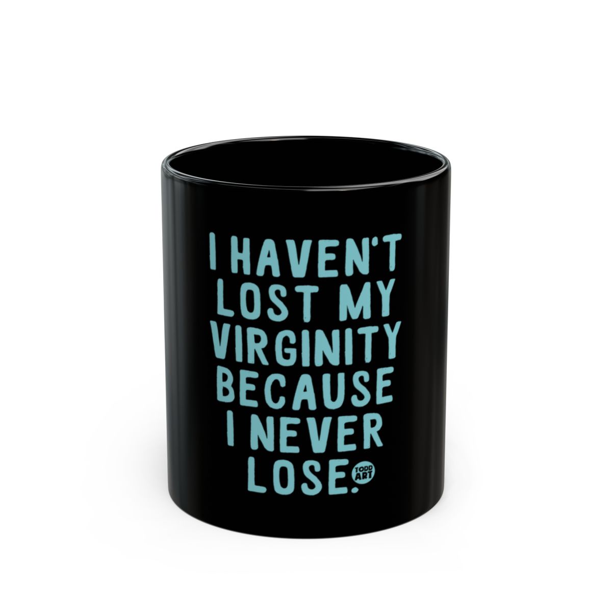 Humorous Black Mug With Bold Blue Text Graphics