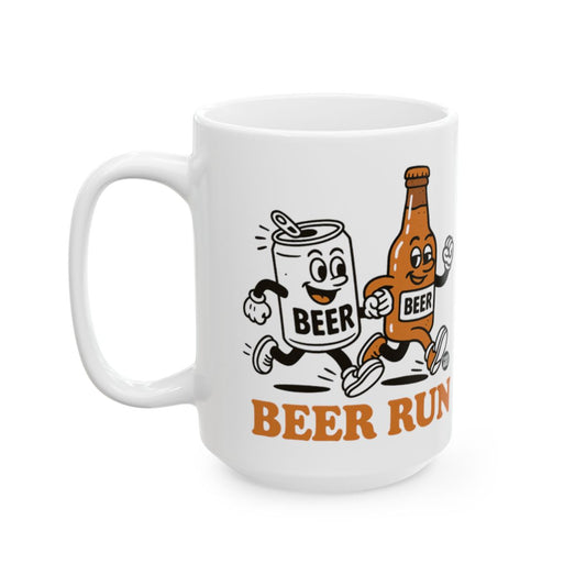 Fun Beer Run Mug with Cartoon Can and Bottle Design