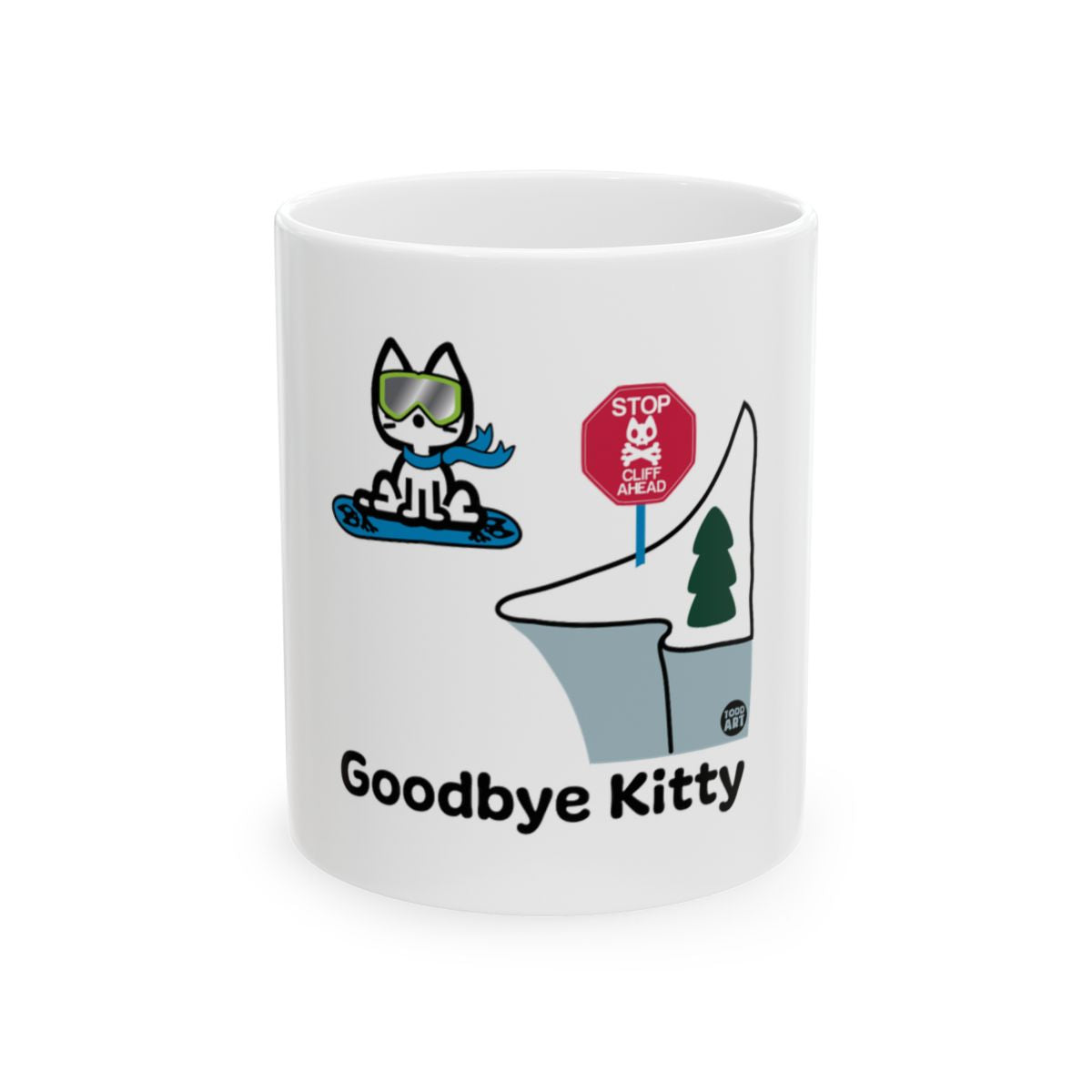 Goodbye Kitty Mug with Fun Snowboarding Design