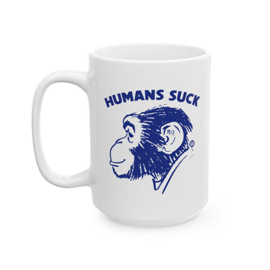 Humans Suck Mug Features Humorous Monkey Graphic