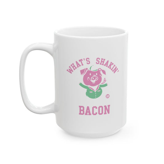 White ceramic mug featuring a pig illustration and the words “What’s Shakin’ Bacon,” designed by Todd Art
