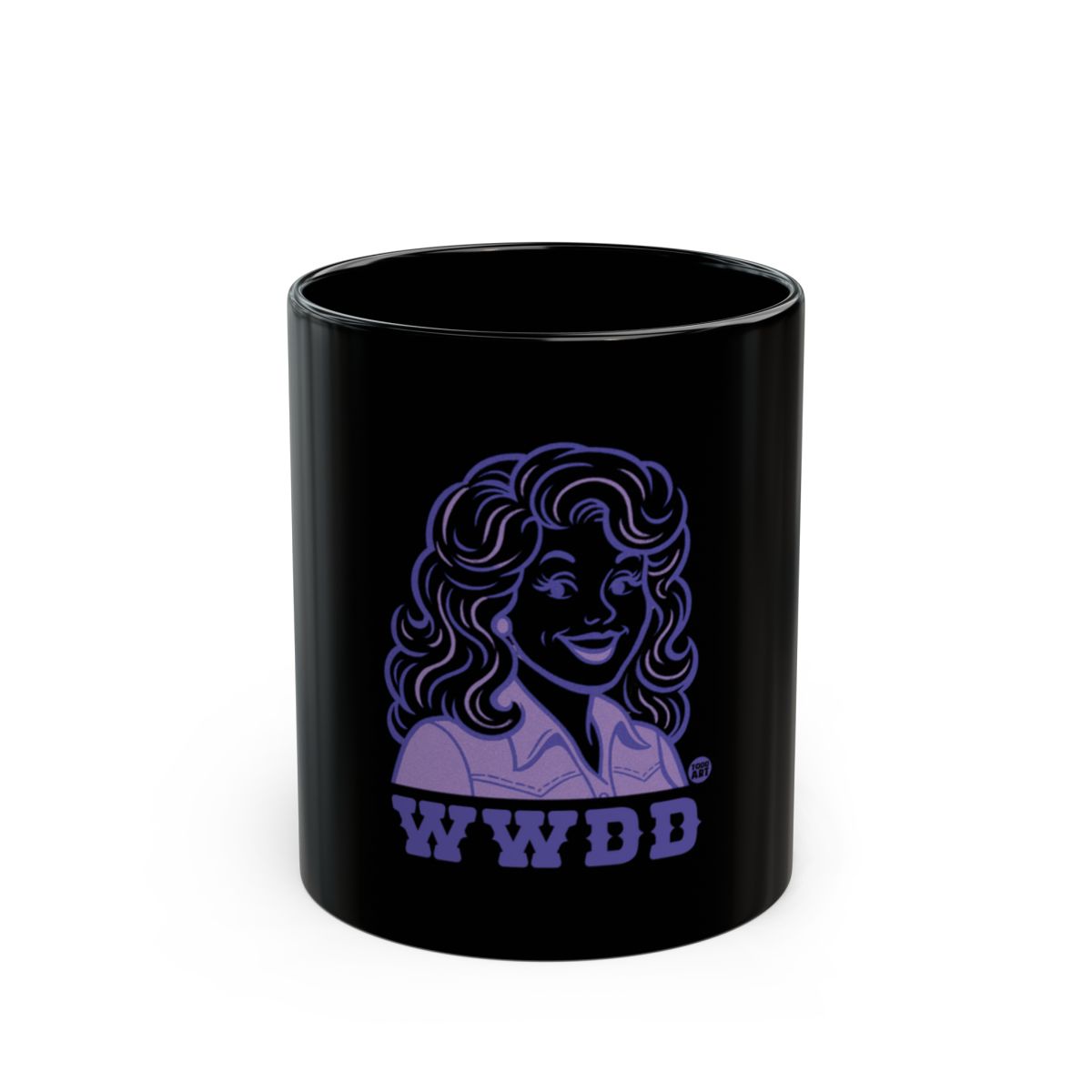 WWDD Black Mug with Retro Style Dolly Parton Design