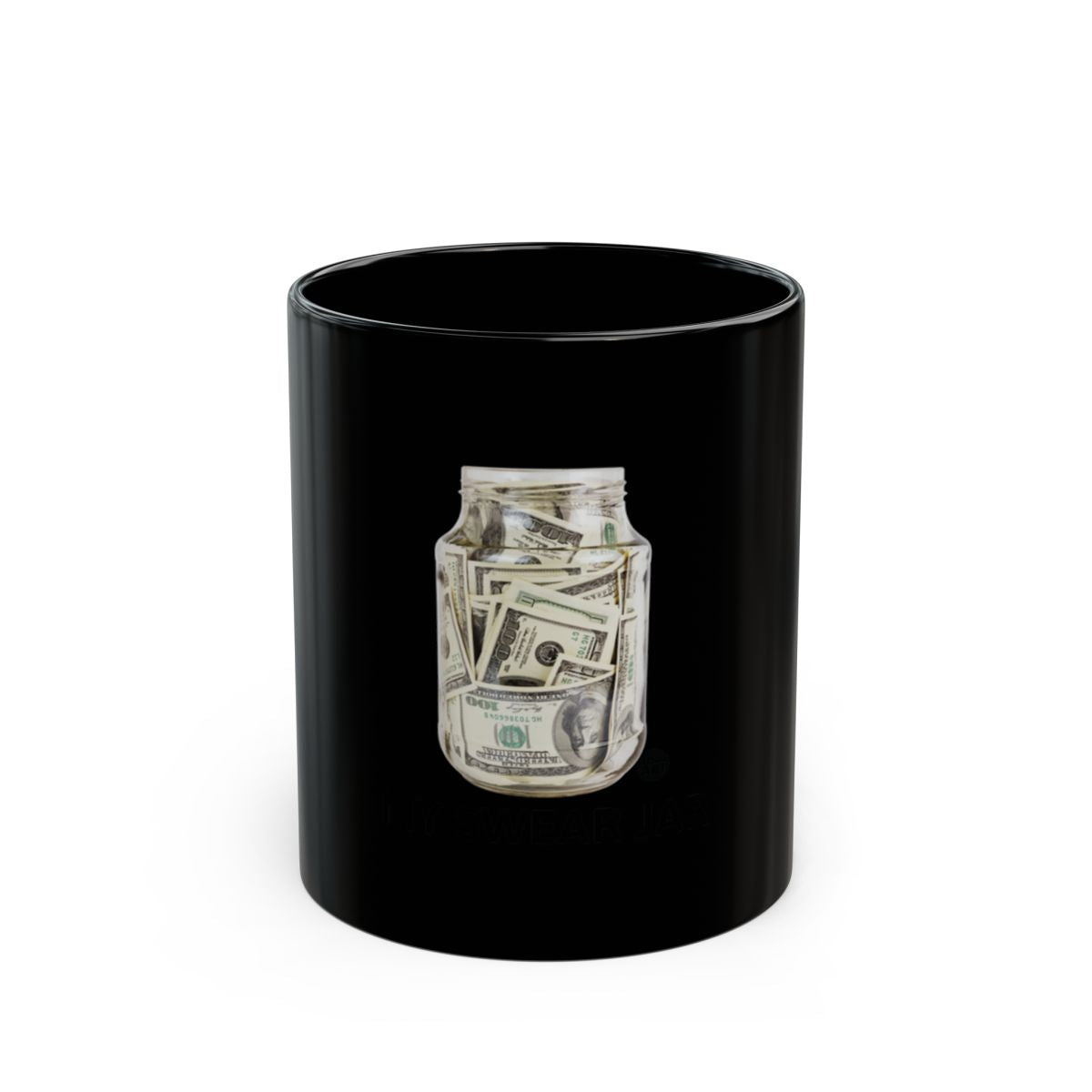 Black Mug with Jar Filled with Money Design
