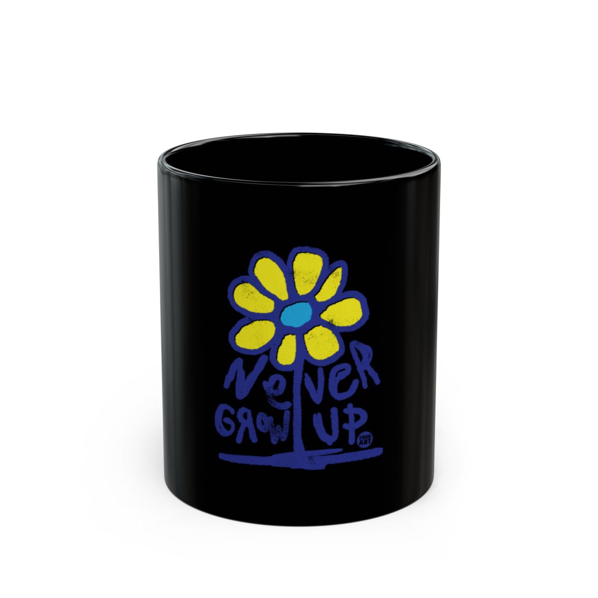 Never Grow Up Black Mug with Colorful Flower Print