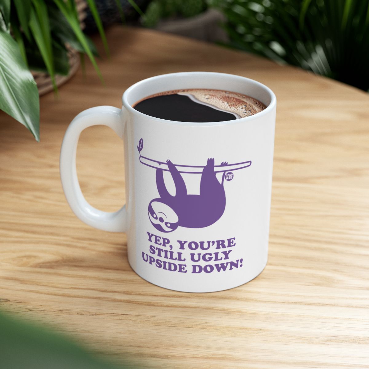 Funny Sloth Mug with Humorous Upside Down Text