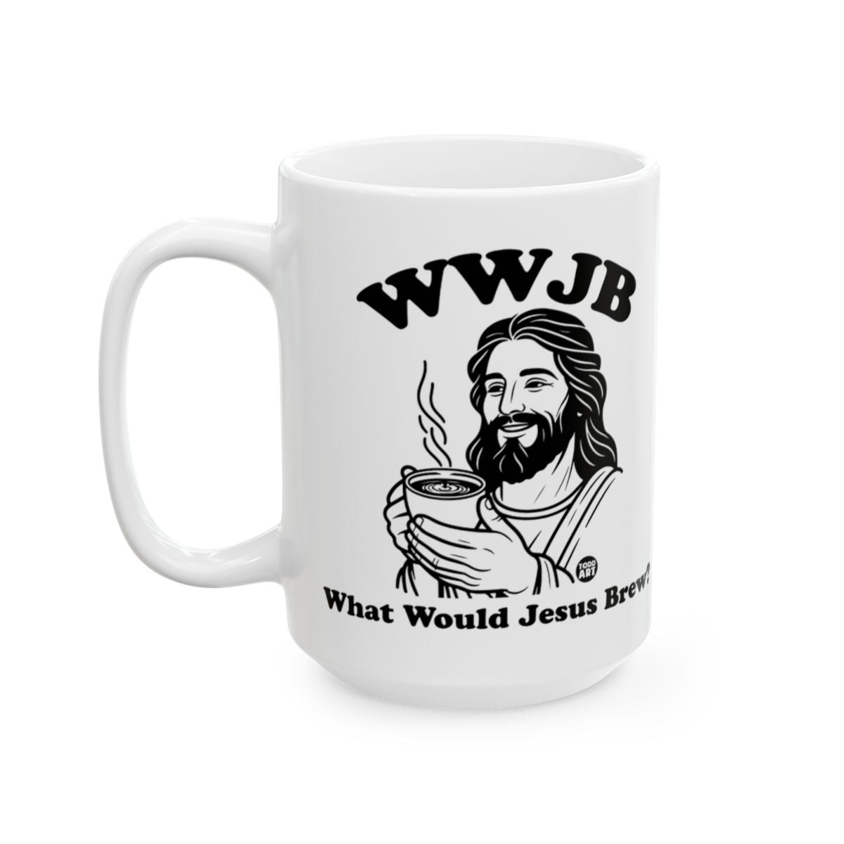 WWJB What Would Jesus Brew white mug