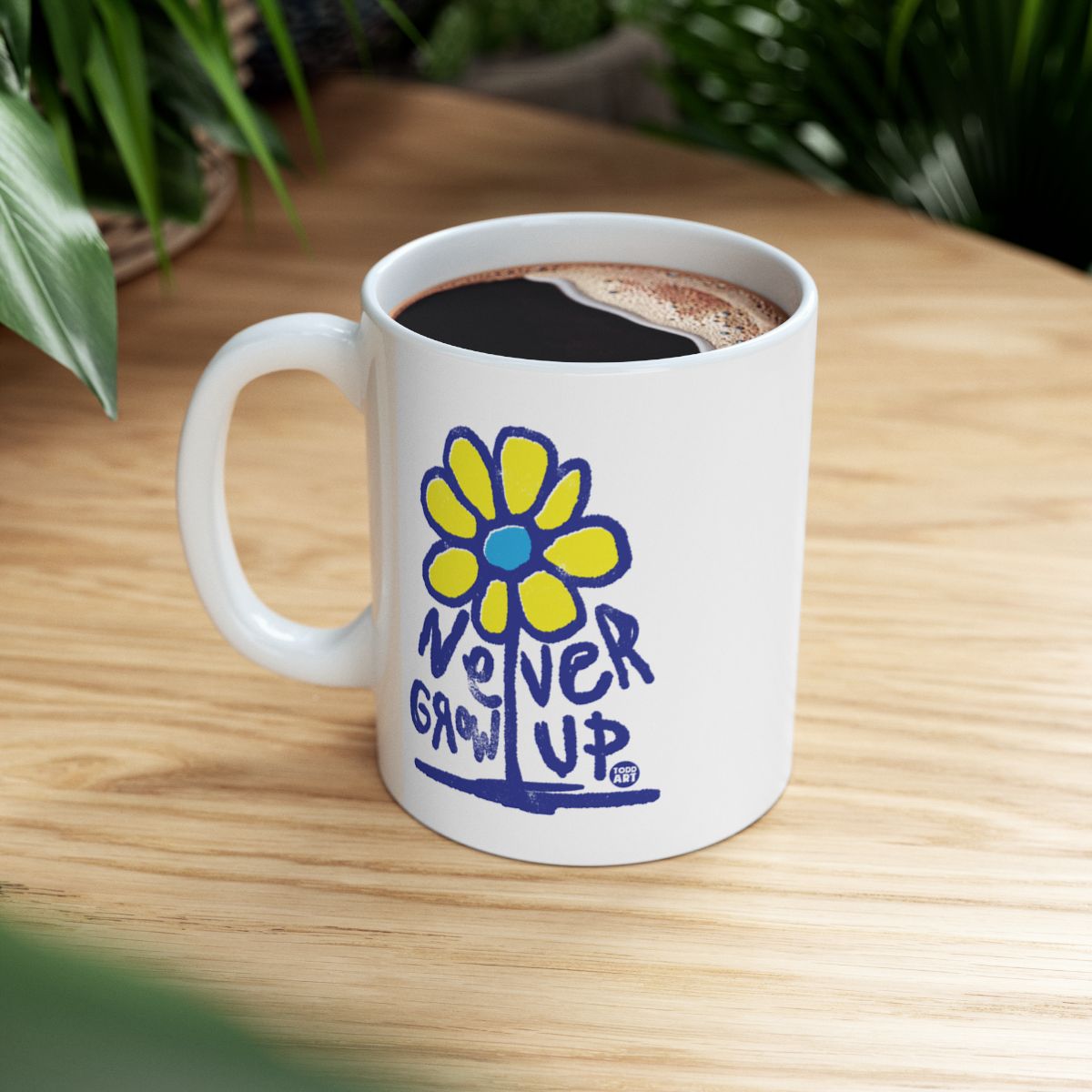 Never Grow Up Yellow and Blue Flower Mug