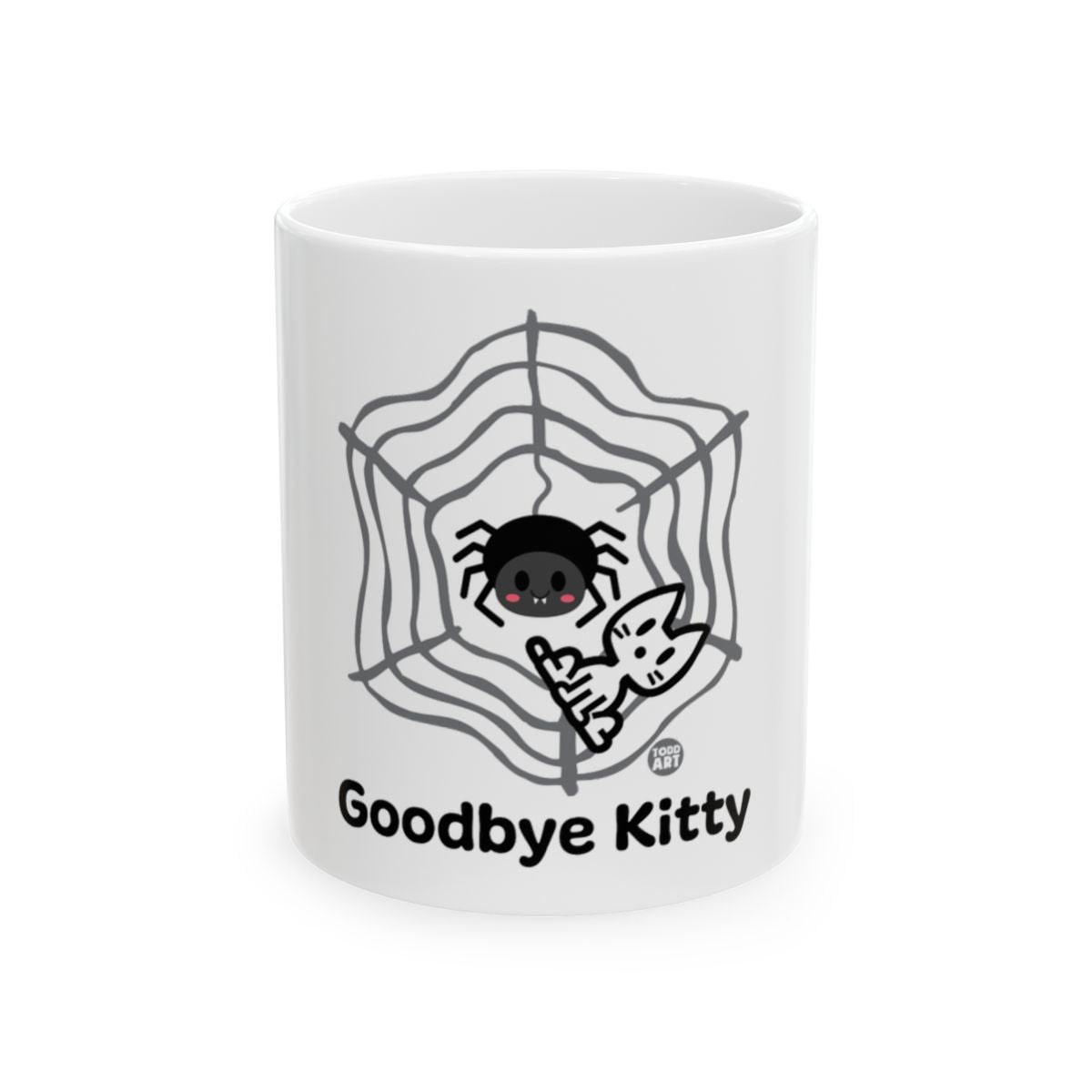 Goodbye Kitty illustration with cute spider mug