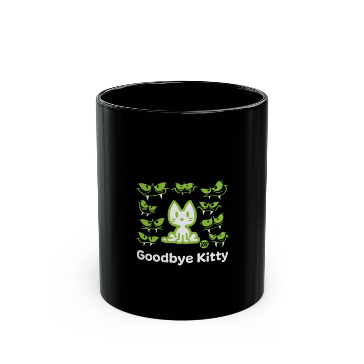 Goodbye Kitty Black Mug with Green Cat Design