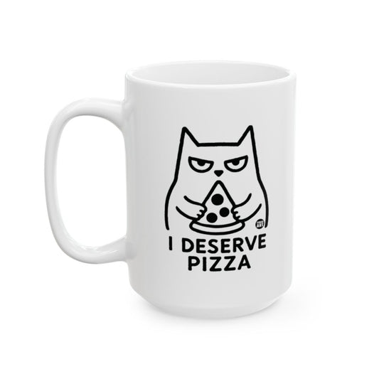 White ceramic mug featuring a cat illustration holding pizza with the words “I Deserve Pizza,” designed by Todd Art