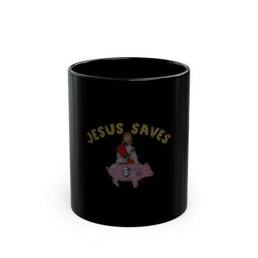 Jesus Saves Piggy Bank Graphic Black Mug