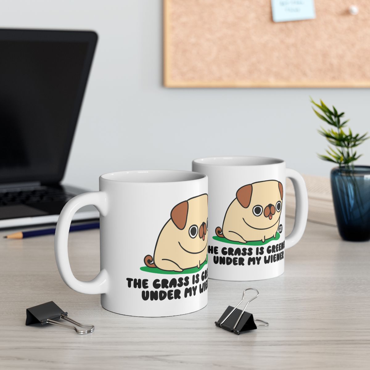 Funny Pug Mug with Grass is Greener Under Wiener Design